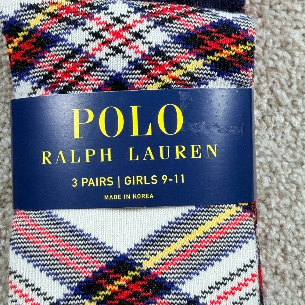 Polo Ralph Lauren Girls 3 Pack Crew Socks Plaid Navy Cable Knit Size 9-11 NEW